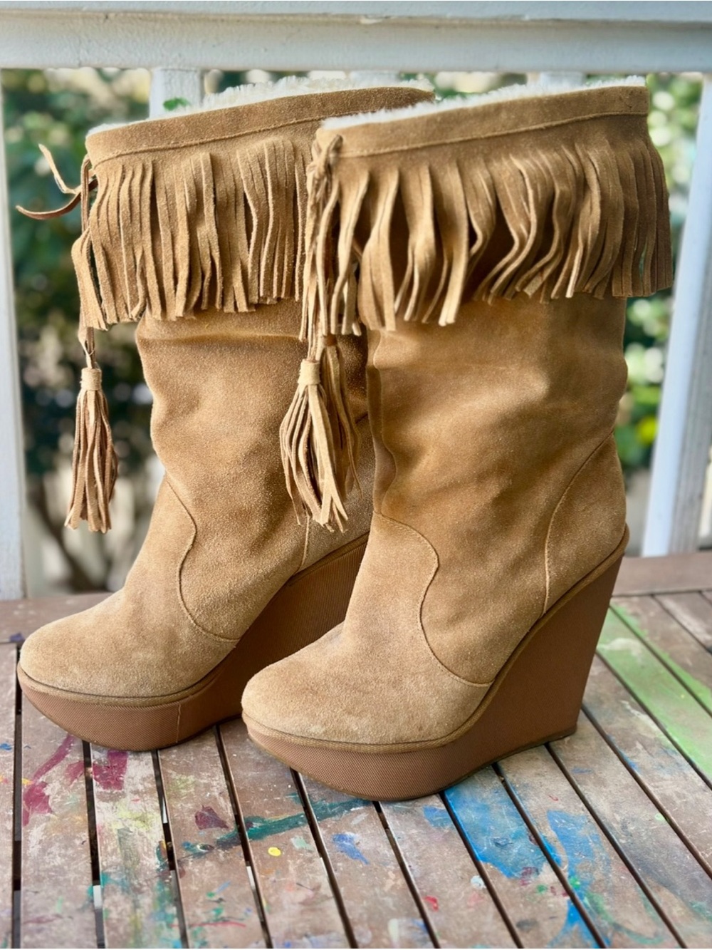 Jessica Simpson, Suede Wedge/ Fringe boot, JS Camera style/ Tan, size 10